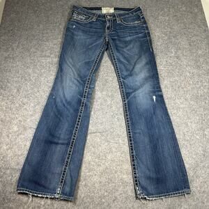 Big Star LIV Bootcut Low Jeans Size 30L Distressed Flap Pocket Yellow Stitching